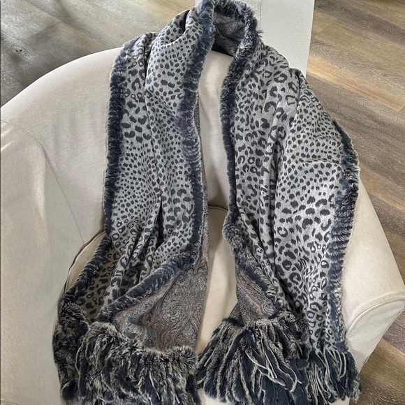 Luxury Gray Blue Cashmere Reversible Leopard Paisley Print Rabbit Fur Scarf Wrap - Picture 3 of 12